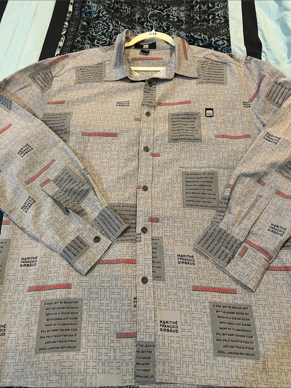 Marithe Francois Girbaud Gray Graphic Print Button-Down Shirt with Red Accents